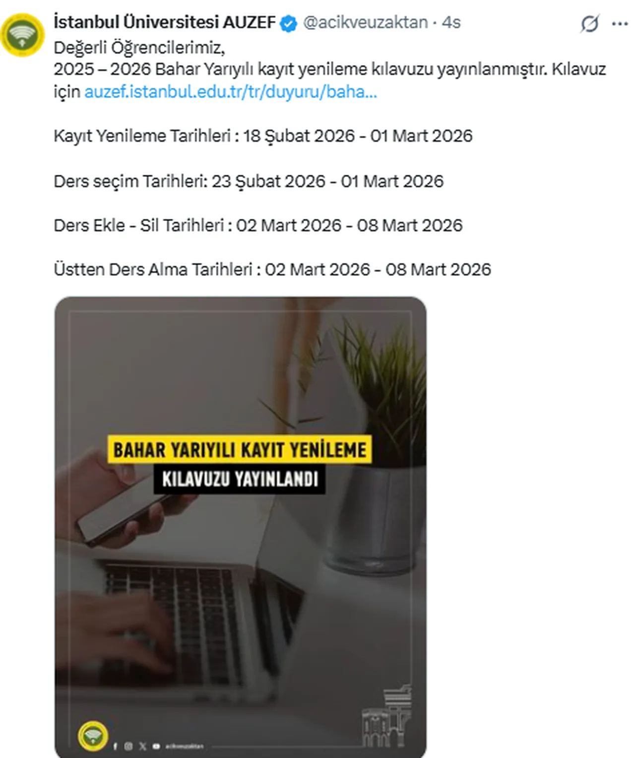 AUZEF 2025 – 2026 Bahar Yarıyılı kayıt yenileme kılavuzu yayımlandı! Kayıt ücreti nasıl ödenir?