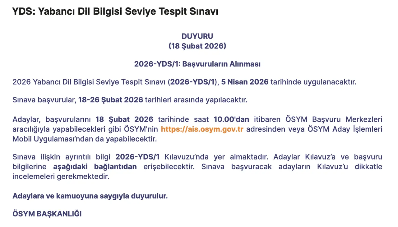 2026-YDS/1 başvuruları başladı! YDS sınavı ne zaman, sonuçlar ne zaman açıklanacak?