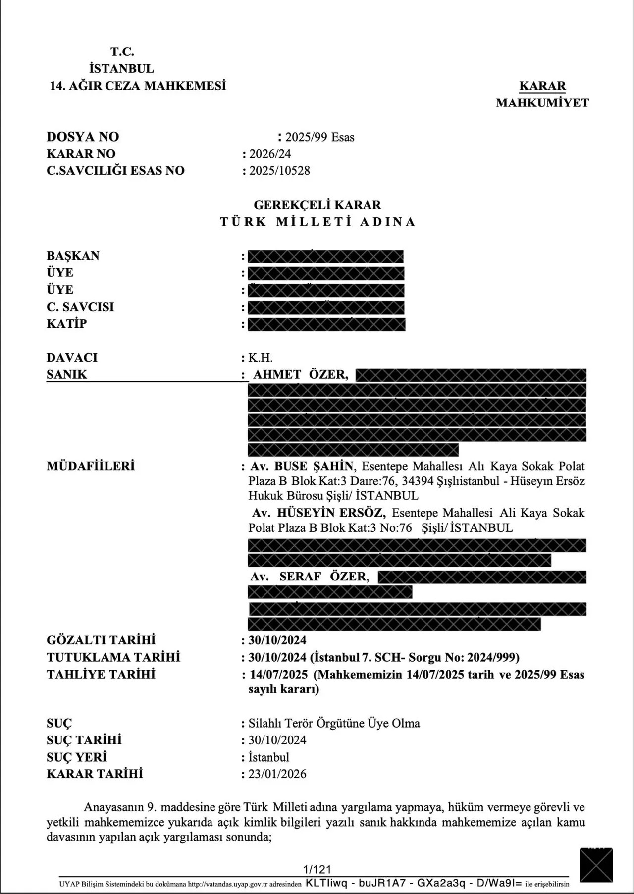 Avukat Hüseyin Ersöz'ün X hesabından paylaştığı gerekçeli karar