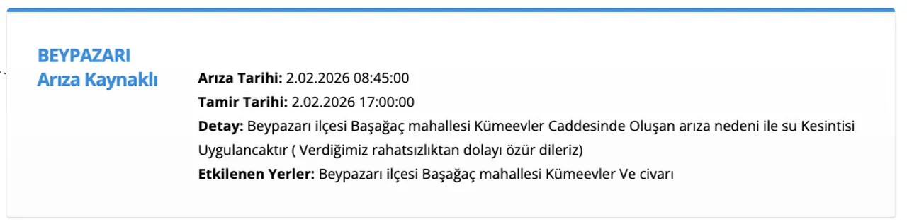ASKİ su kesintisi 2 Şubat listesi: Beypazarı, Ayaş ve Sincan'da sular ne zaman gelecek?