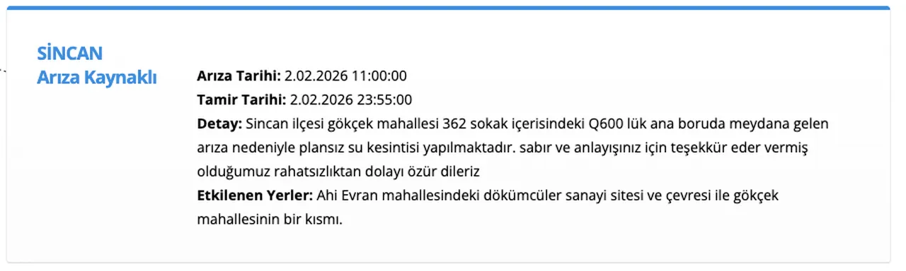 ASKİ su kesintisi 2 Şubat listesi: Beypazarı, Ayaş ve Sincan'da sular ne zaman gelecek?