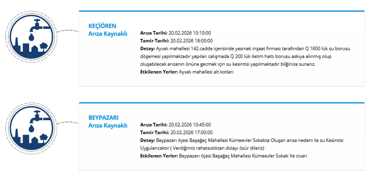 Ankaranın 4 ilçesinde (Mamak, Beypazarı, Akyurt, Keçirören) su kesintisi! Sular ne zaman gelecek?