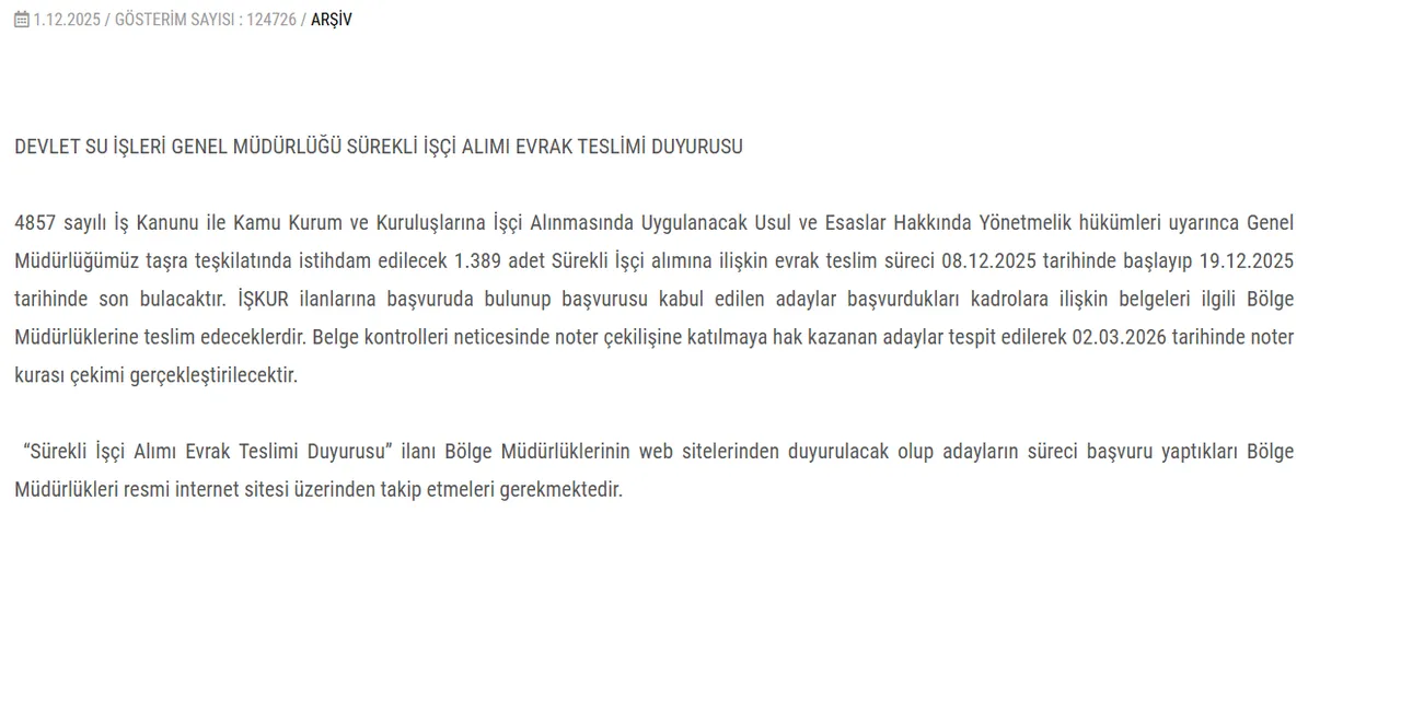 DSİ kura çekimi ne zaman? DSİ bin 289 işçi alımı isim listesinin açıklanacağı tarih