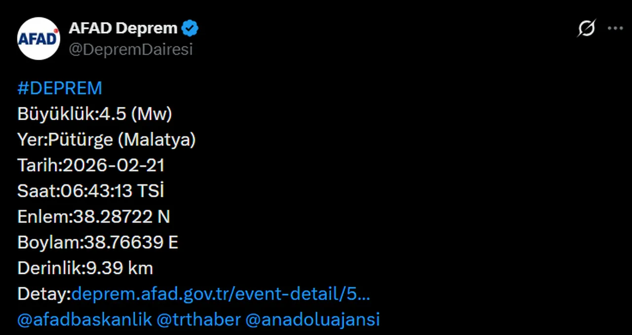 Az önce deprem nerede oldu, kaç büyüklüğünde? Son depremler verileri (21 Şubat 2026)