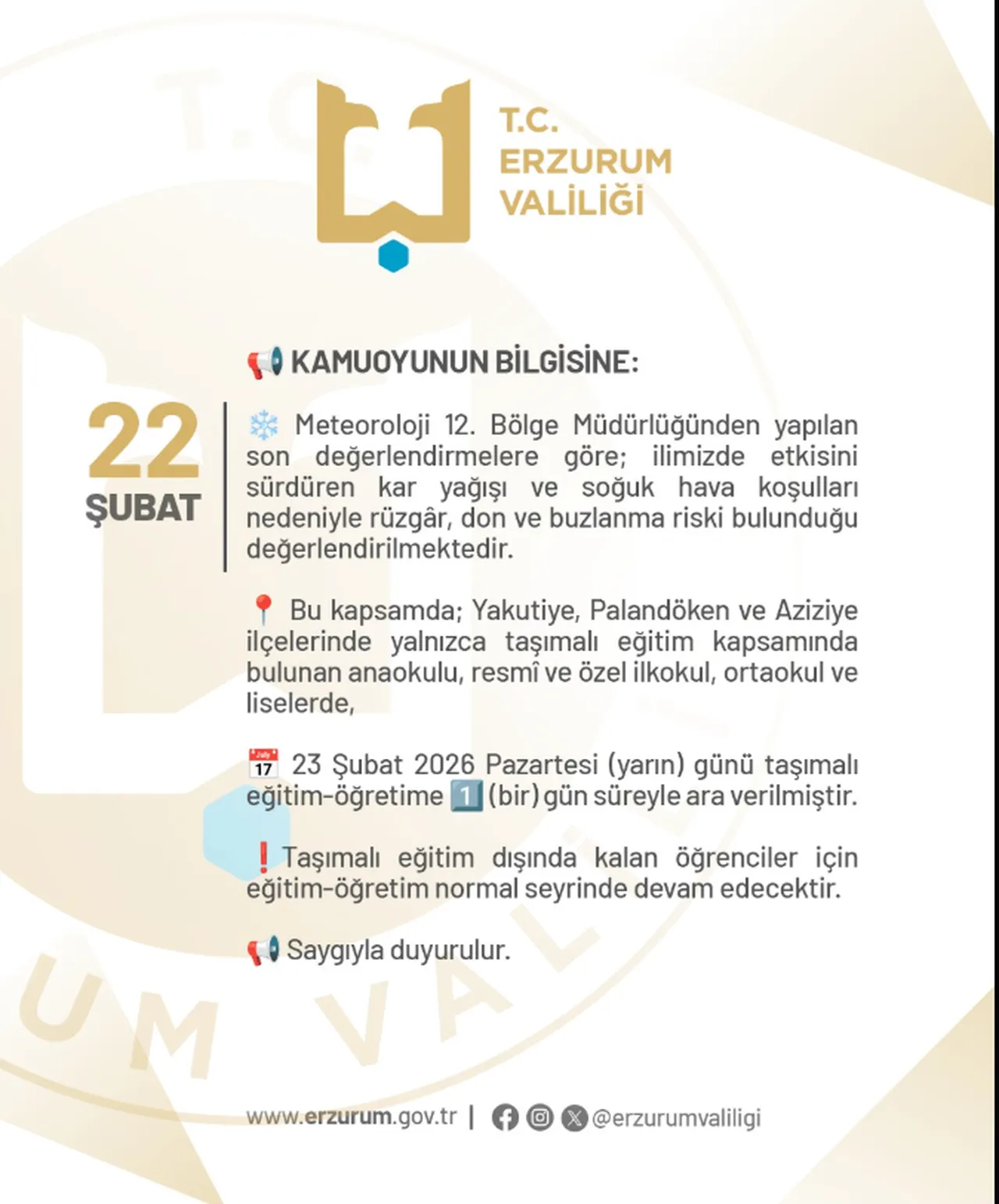 Erzurum'da okullar tatil mi 23 Şubat Pazartesi? Erzurum Valiliği açıkladı