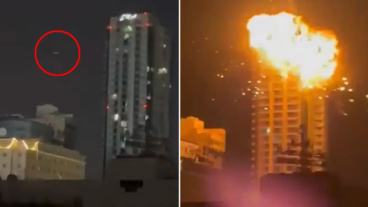 İran, Bahreyn'de bir gökdeleni vurdu! Kamikaze dronun saldırısı kamerada