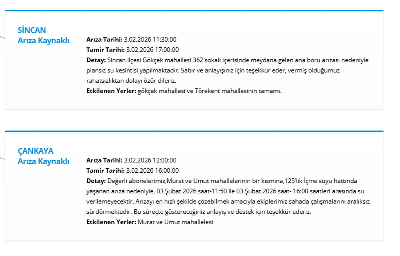 ASKİ Ankara su kesintisi! 3 Şubat Ankara'da sular ne zaman gelecek? (Etimesgut, Çankaya, Gölbaşı)