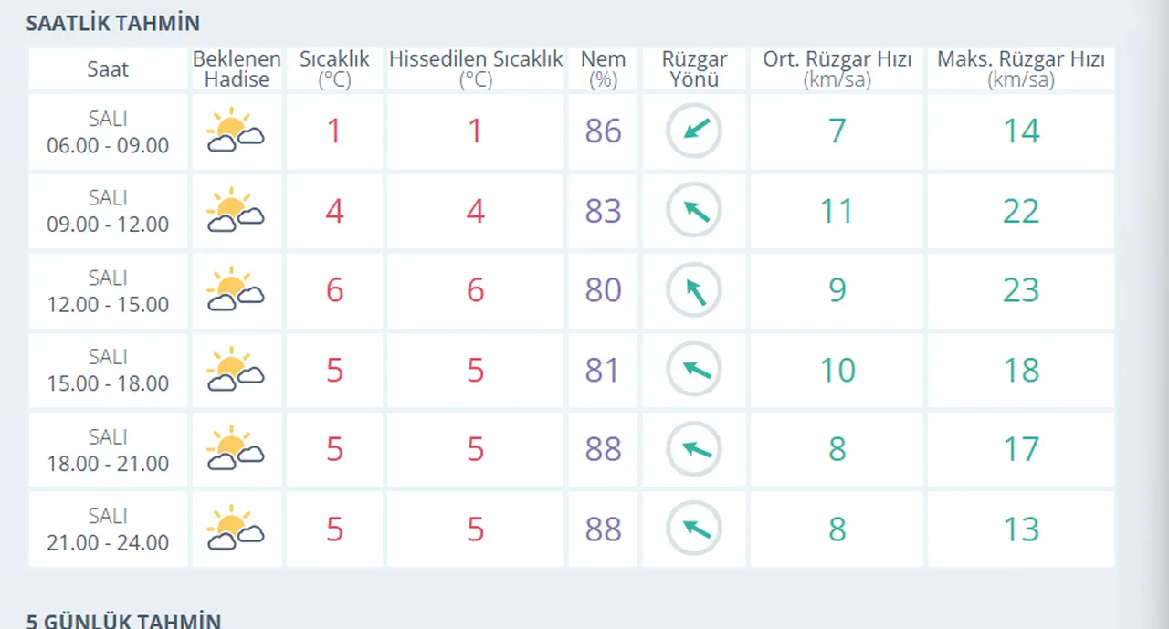 3 Şubat 2026 Salı Tekirdağ saatlik hava durumu (Meteoroloji Genel Müdürlüğü)