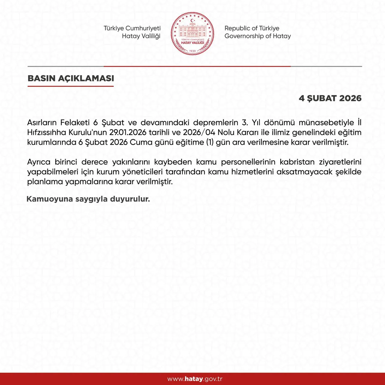 Hatayda 6 Şubat okullar tatil mi? Valilik anma programı ve tatil detaylarını açıkladı