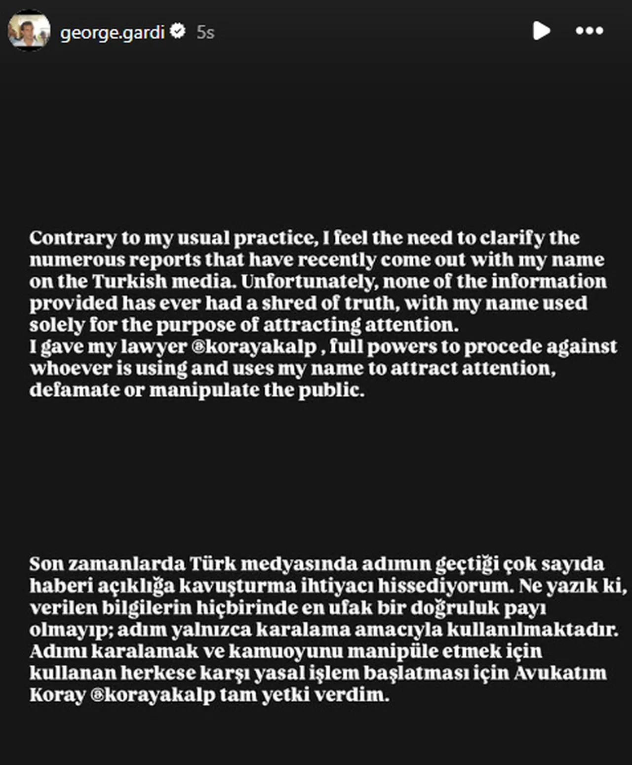 Gardi'nin Instagram paylaşımı