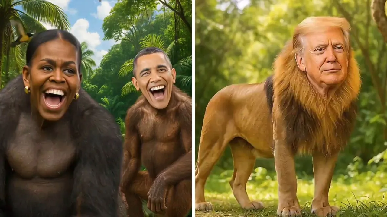 Trump'ın paylaşımında Obama çifti maymun şeklinde, kendisi ise aslan olarak görülüyor