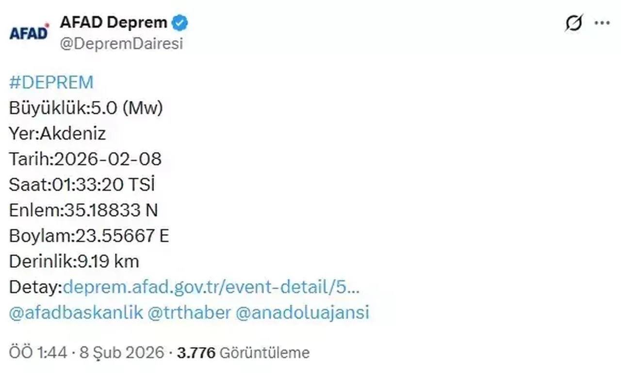 Akdeniz'de 5 büyüklüğünde deprem!