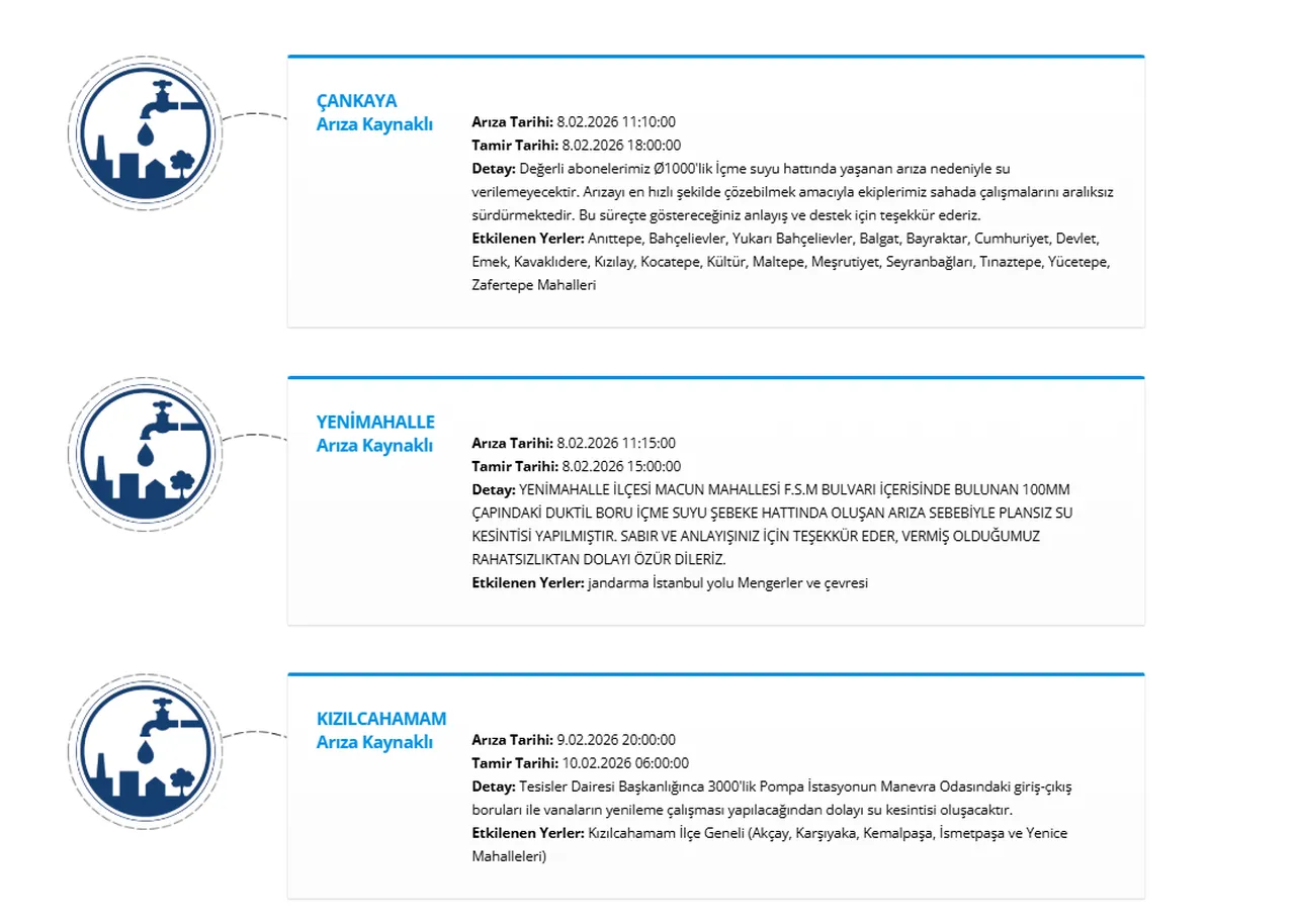 ASKİ su kesintisi! 8 Şubat Ankarada sular ne zaman gelecek? (Çankaya, Yenimahalle, Kızılcahamam)