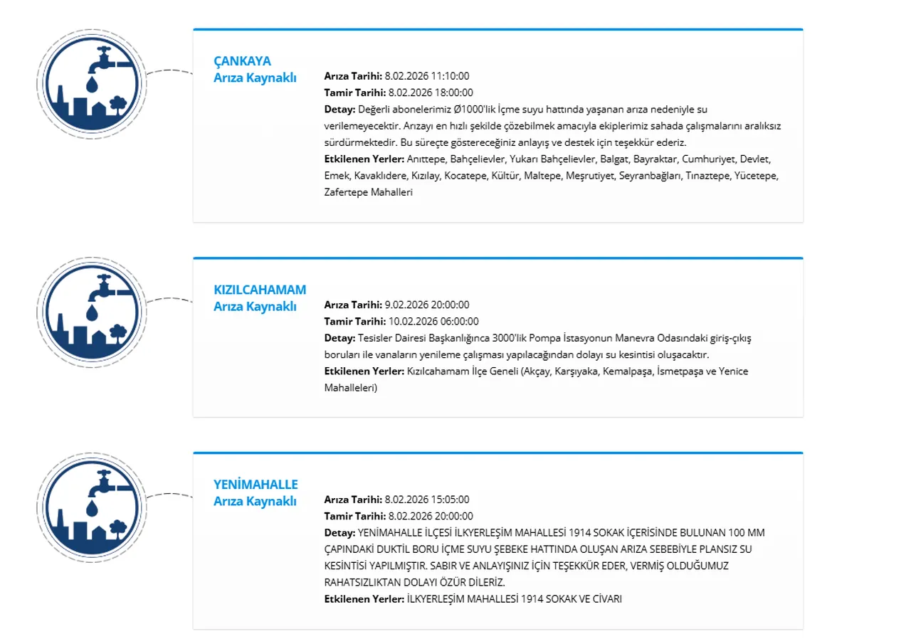 ASKİ su kesintisi! 8 Şubat Ankara'da sular ne zaman gelecek? (Çankaya, Yenimahalle, Kızılcahamam)