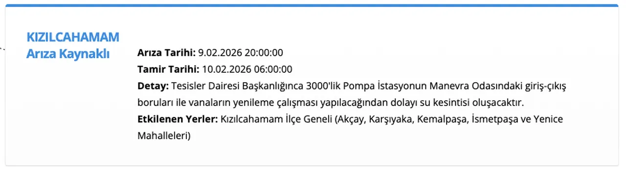 ASKİ su kesinti 9 Şubat: Ankara Kızılcahamam, Beypazarı ve Polatlıda sular ne zaman gelecek?
