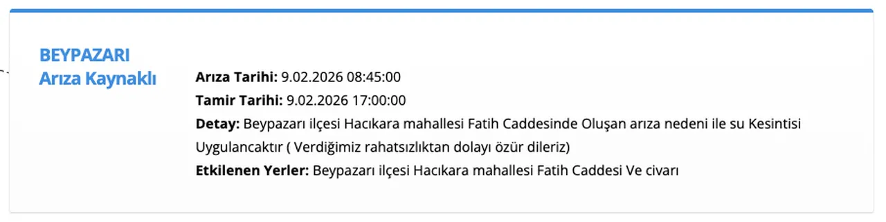 ASKİ su kesinti 9 Şubat: Ankara Kızılcahamam, Beypazarı ve Polatlıda sular ne zaman gelecek?