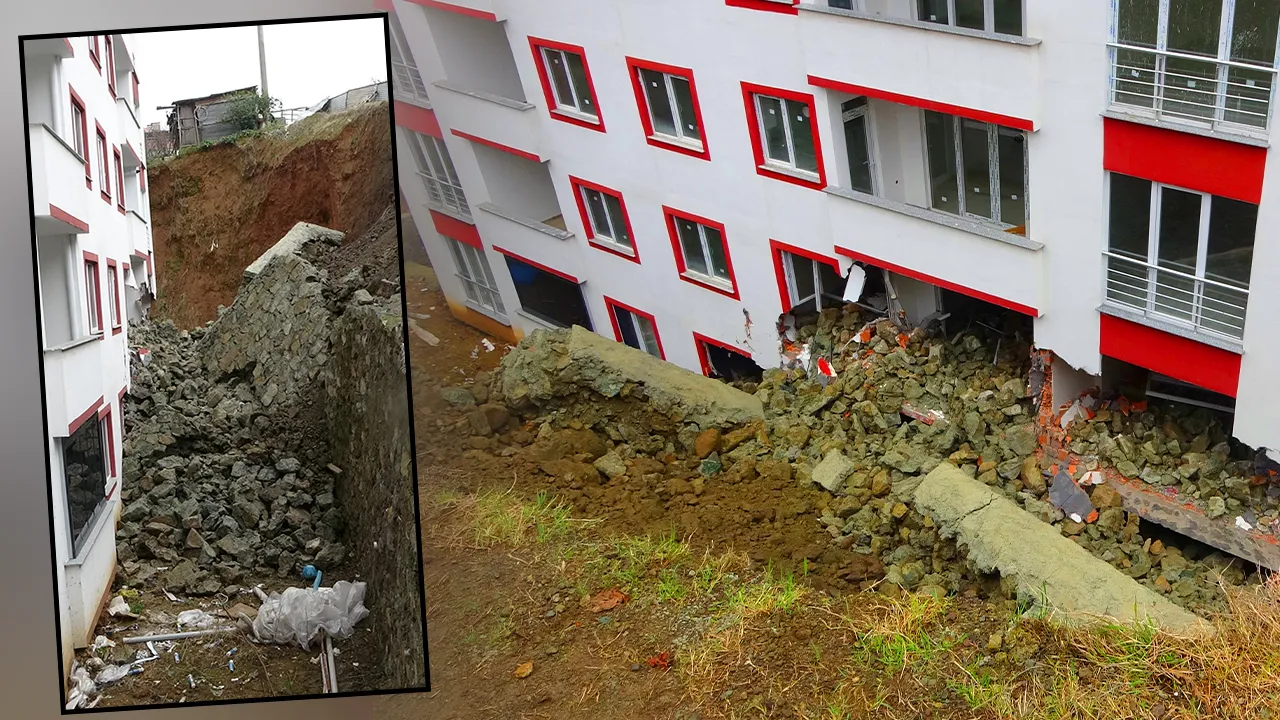 Trabzon’da çöken istinat duvarı 9 katlı binada hasara yol açtı