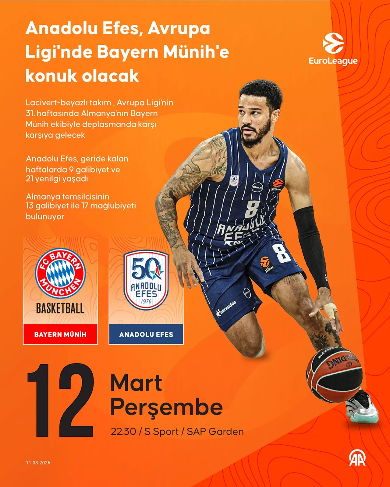Anadolu Efes-Bayern Münih canlı yayın hangi kanalda, saat kaçta? EuroLeague 31. hafta mücadelesi!