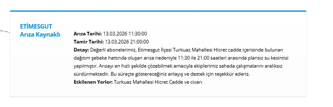 Ankara Etimesgut su kesintisi bitiş saati belli oldu! 13 Mart 2026 Ankara'da su kesintisi yaşanan ilçeler