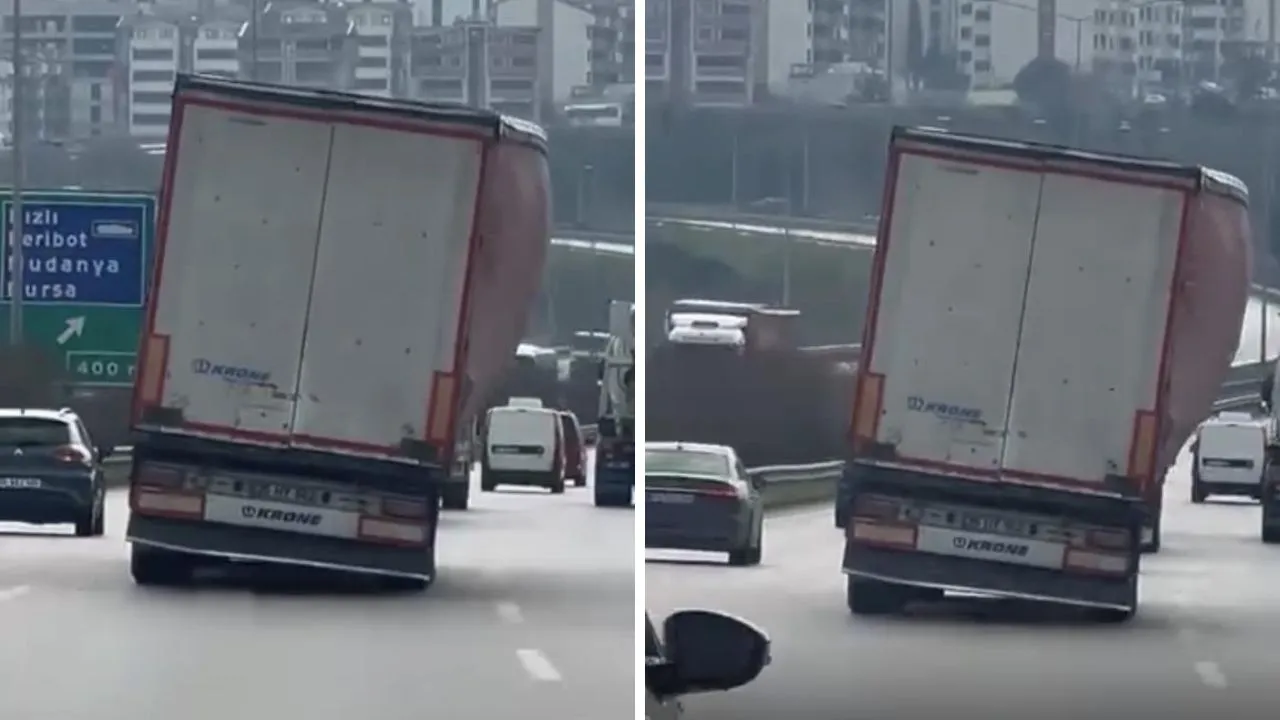 Trafikte yürekleri ağza getiren görüntü! Tır yan şekilde ilerledi