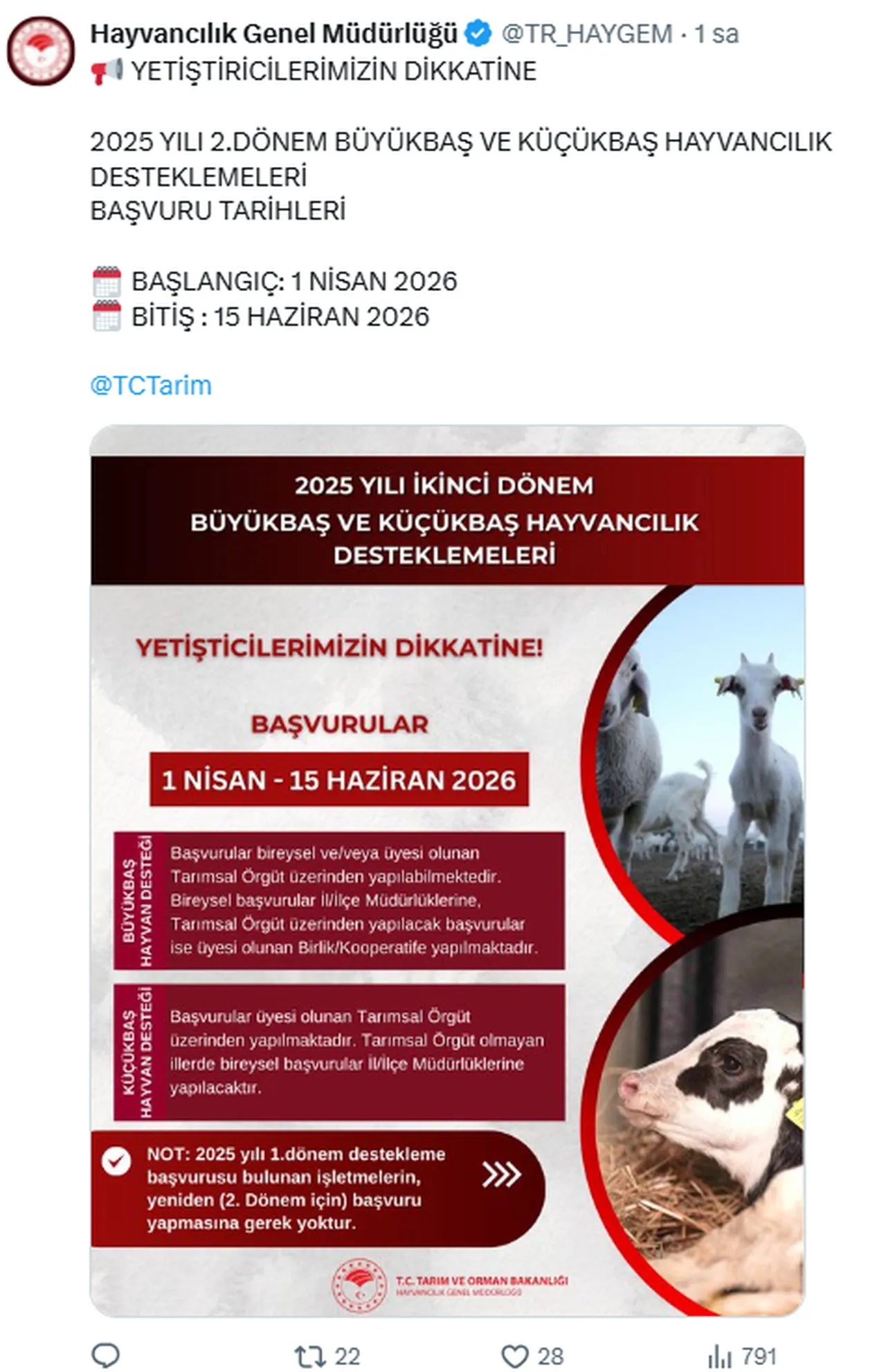 2025 yılı 2. dönem büyükbaş ve küçükbaş hayvancılık destekleme başvuruları ne zaman?