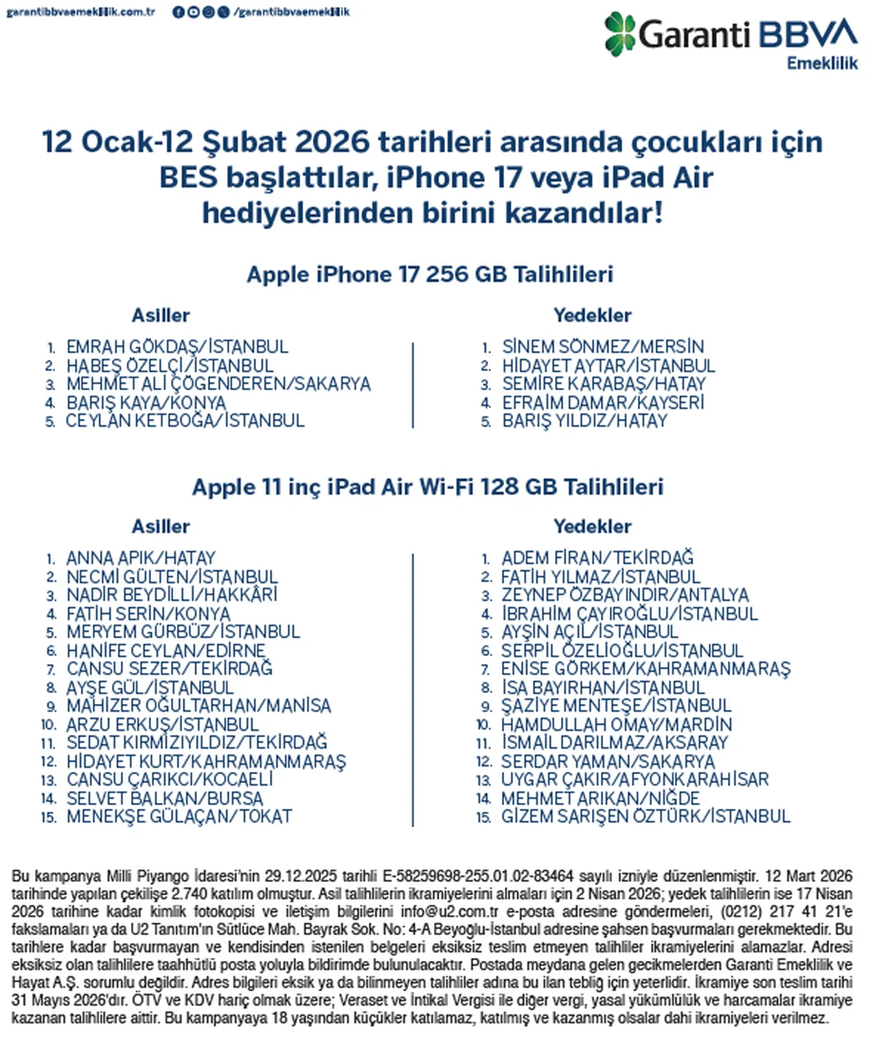 Garanti BBVA iPhone 17 veya iPad Air çekiliş sonuçları açıklandı! İşte asil ve yedek isim listesi