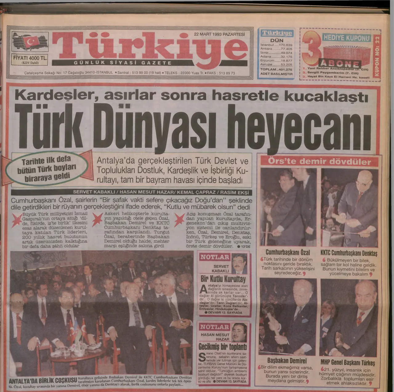 22 Mart 1992 tarihli Türkiye gazetesi
