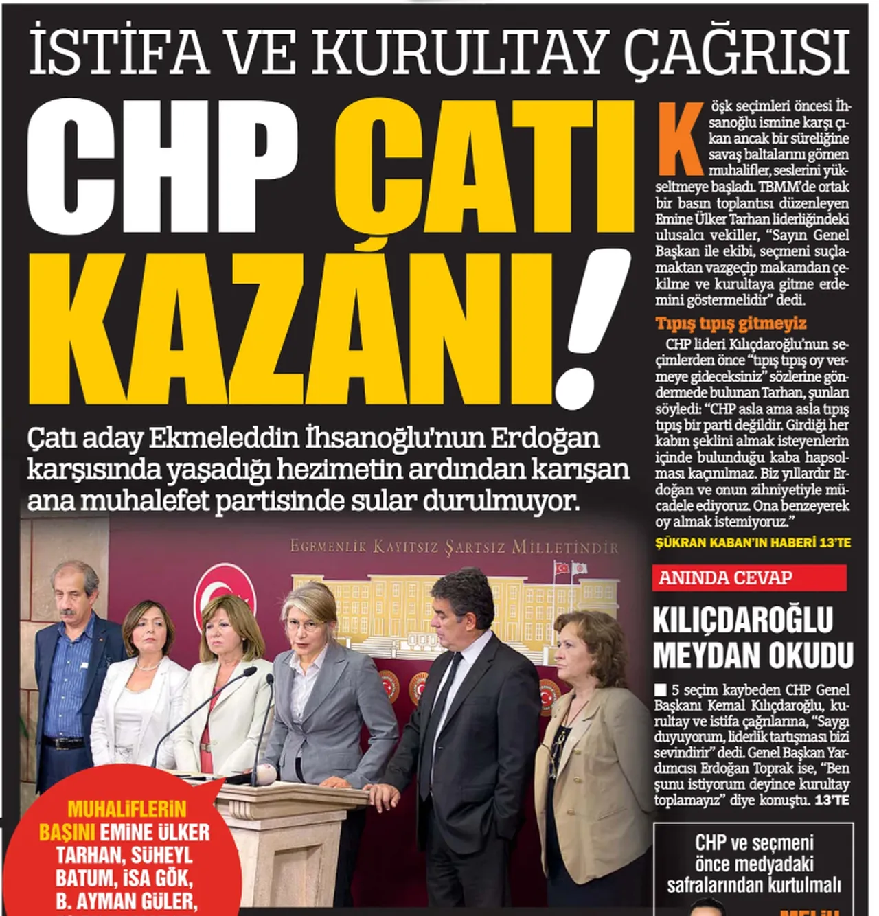 13 Ağustos 2014 tarihli Türkiye gazetesi - 1. sayfa