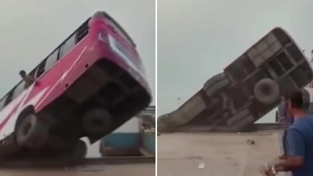 Feribot sırasındaki yolcu otobüsü nehre uçtu! Facia anı kamerada