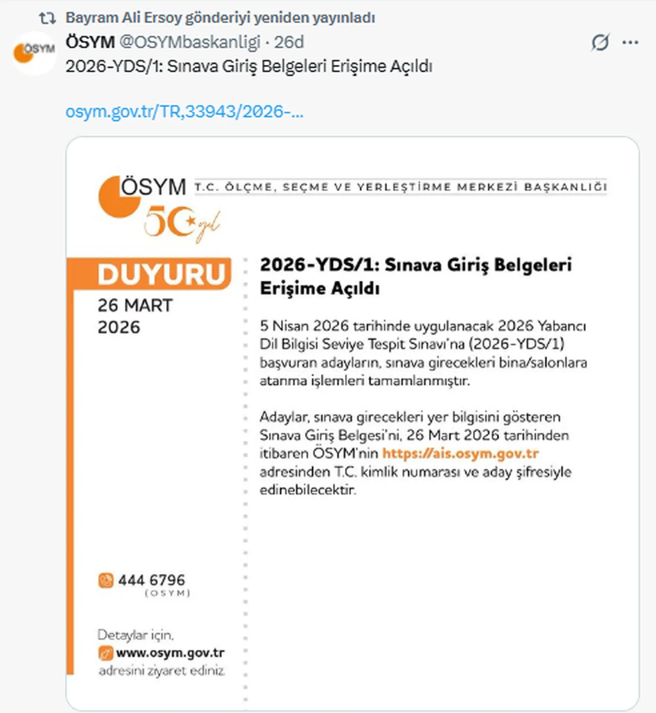 2026-YDS/1: Sınava Giriş Belgeleri Erişime Açıldı (YDS sınav yerleri sorgulama)