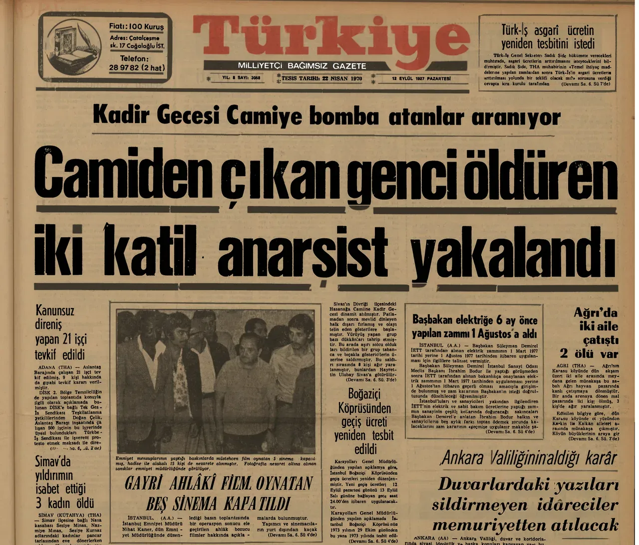 Cami saldırıları - 12 Eylül 1977 tarihli Türkiye gazetesi