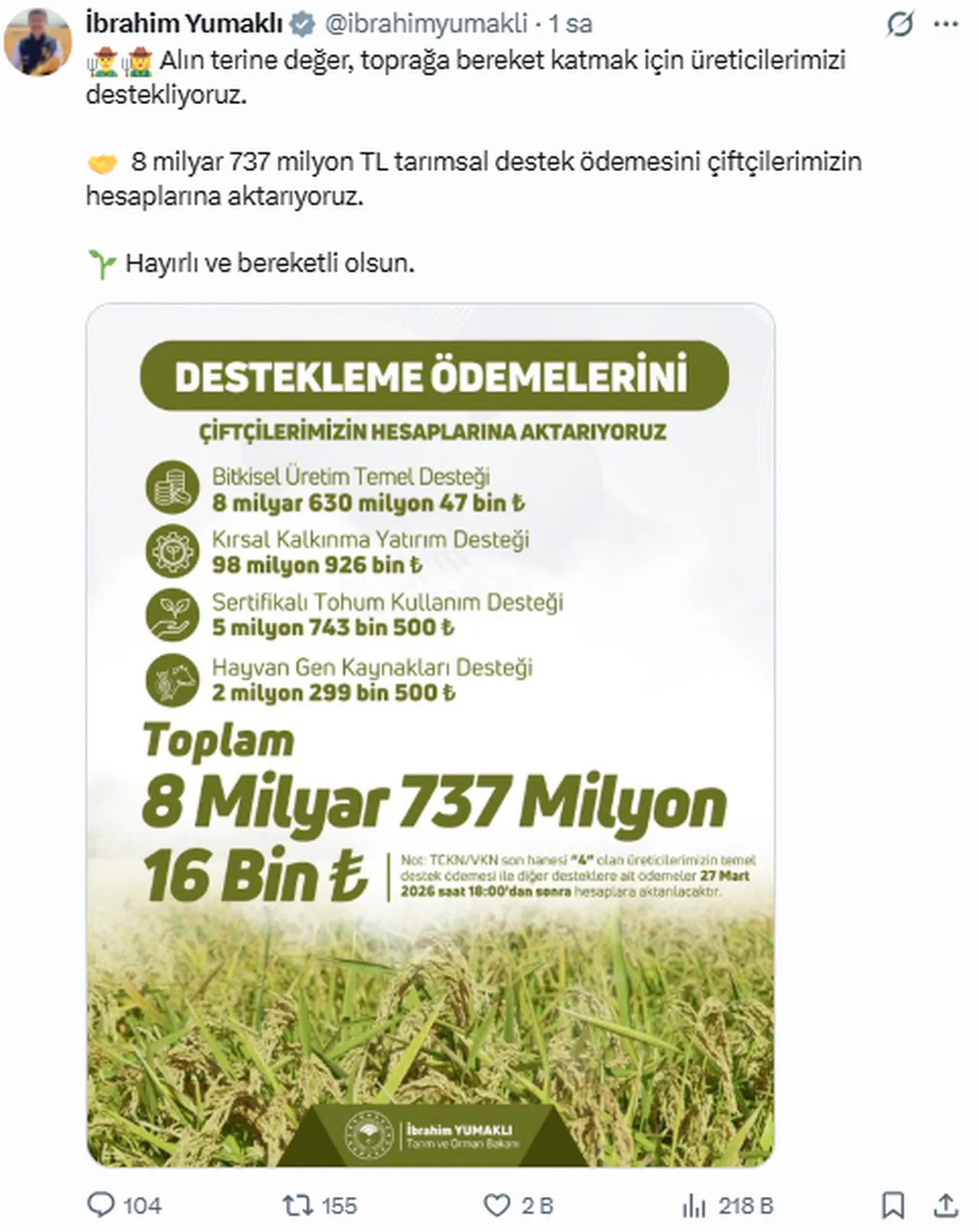 Tarımsal destek ödemeleri ne zaman, saat kaçta yatacak? Bakanlık tarihi ve saati paylaştı