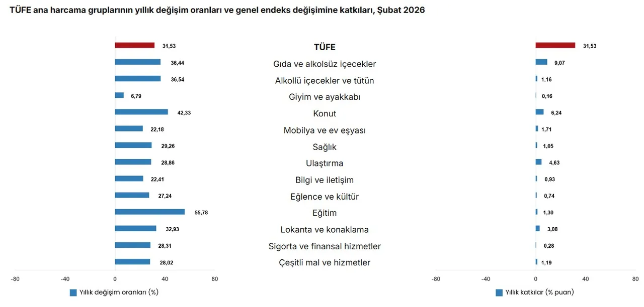 TÜFE ana harcama gruplarının yıllık değişim oranları ve genel endeks değişimine katkıları - Şubat 2026