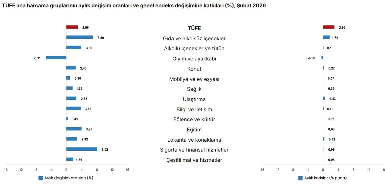 TÜFE ana harcama gruplarının aylık değişim oranları ve genel endeks değişimine katkıları - Şubat 2026