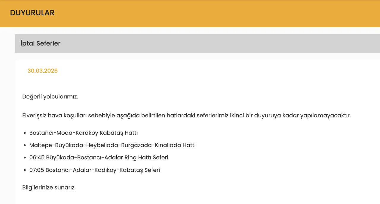 Vapur seferleri iptal mi? 30 Mart 2026 Pazartesi Şehir Hatları, İDO ve BUDO iptal olan vapur seferleri!