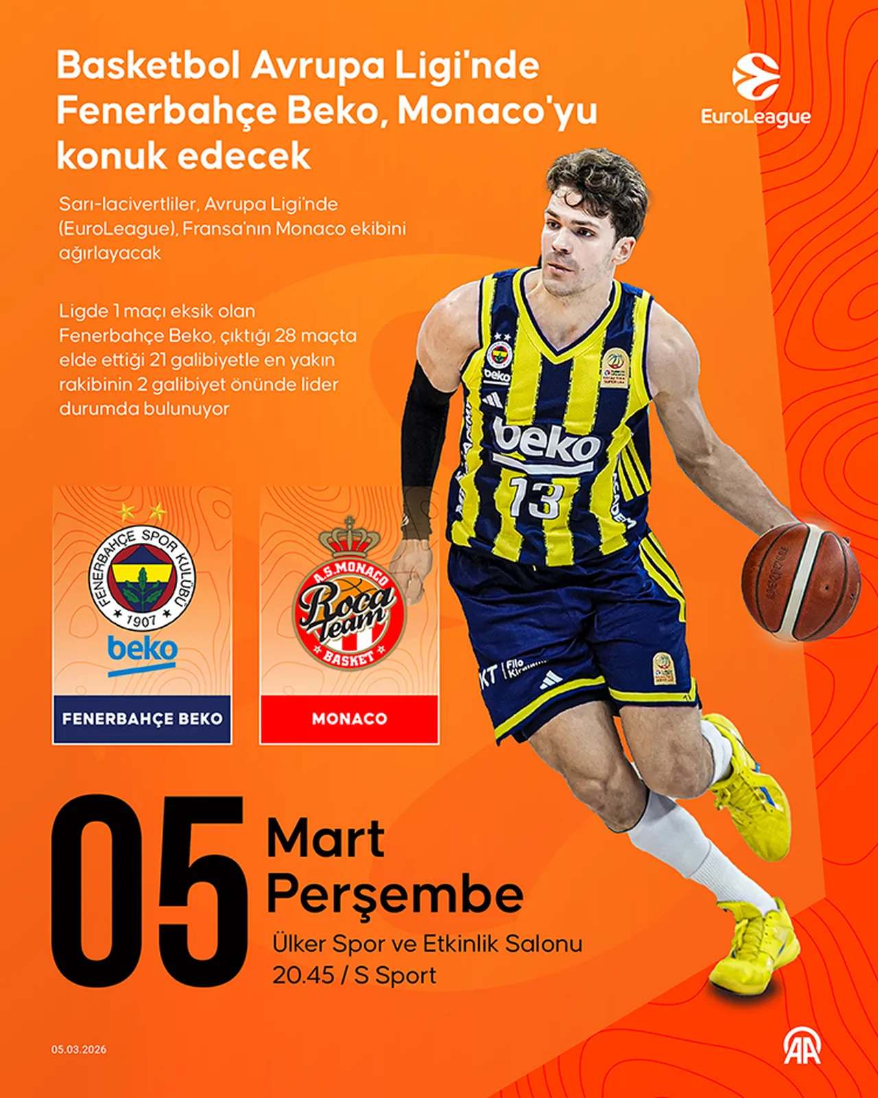 Fenerbahçe Beko-Monaco maçı hangi kanalda, saat kaçta? EuroLeague karşılaşması bu akşam!