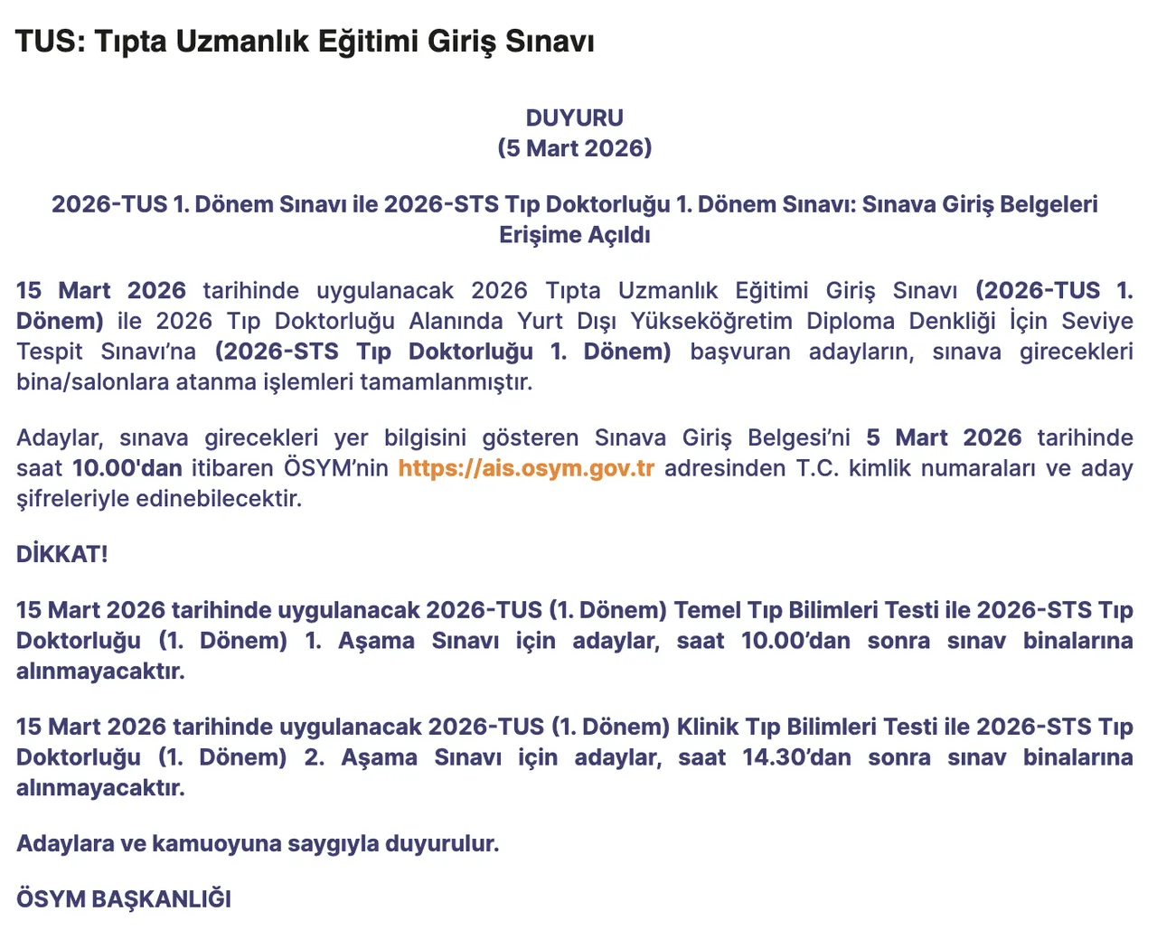 TUS ve STS sınav giriş belgeleri erişime açıldı! 2026-TUS sınav yeri sorgulama ekranı