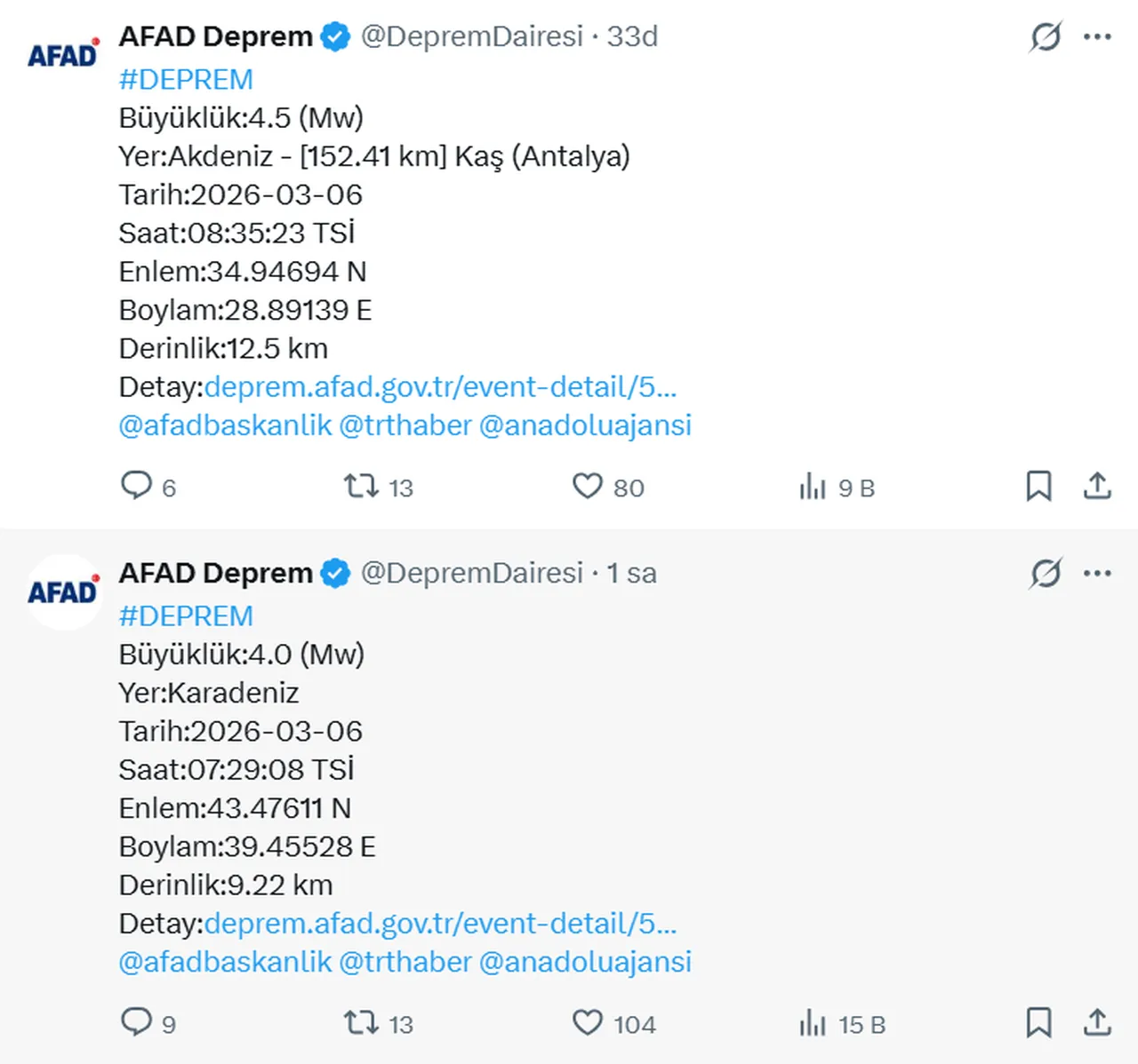 Az önce deprem nerede oldu, kaç büyüklüğünde? 6 Mart son depremler listesi