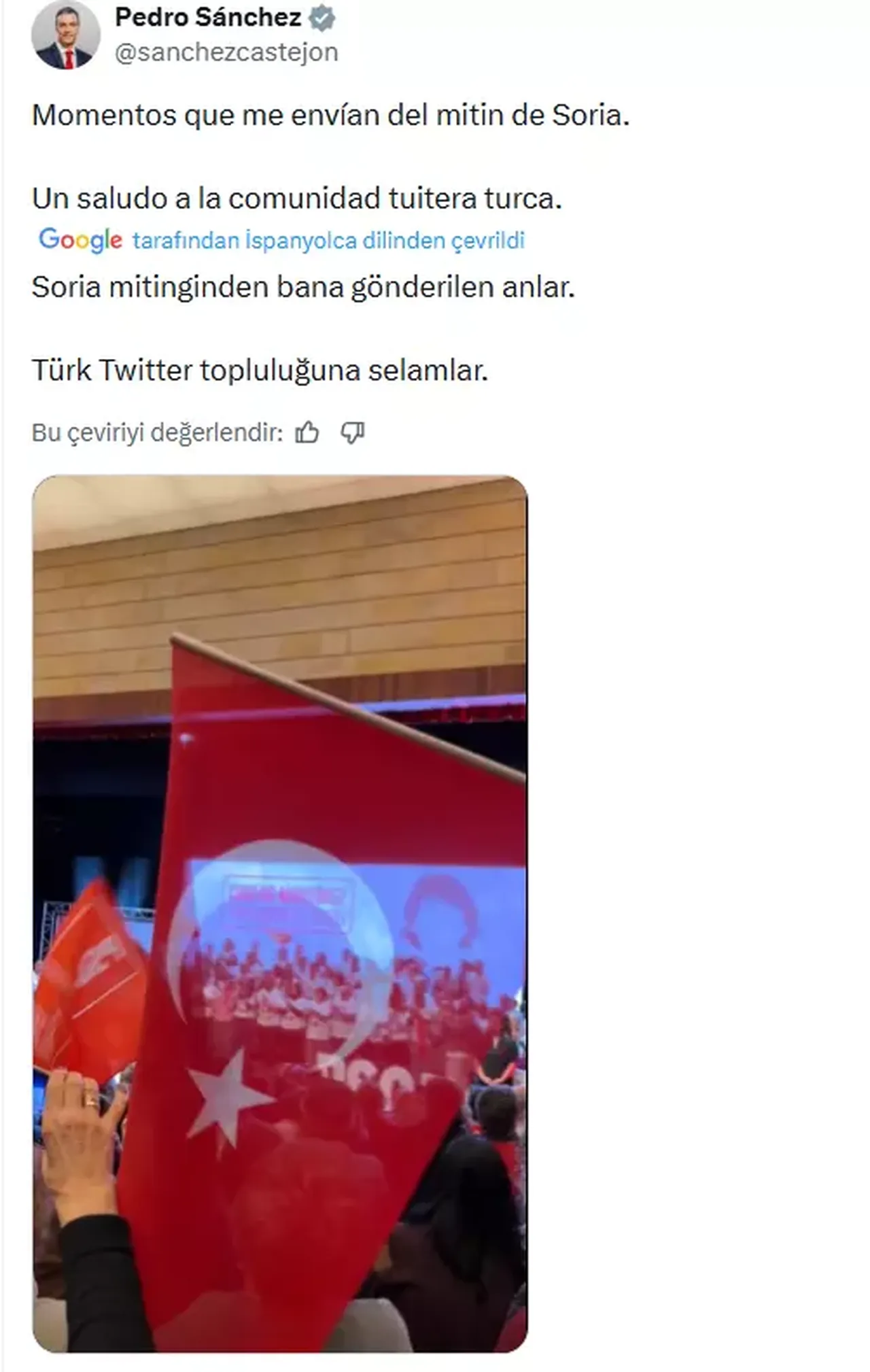 İspanya Başbakanı Sanchez'den Türkiye'ye selam: Mitingde Türk bayrağı dalgalandı