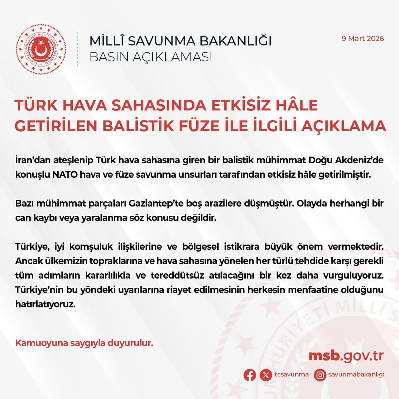 İran'dan ateşlenen füze Gaziantep'te imha edildi! MSB'den ilk açıklama