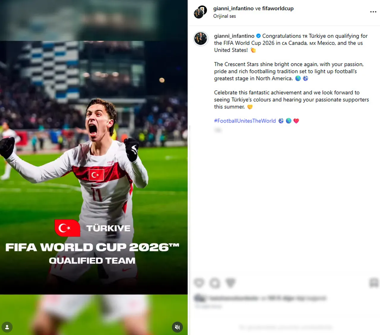 Gianni Infantino'nın Instagram paylaşımı