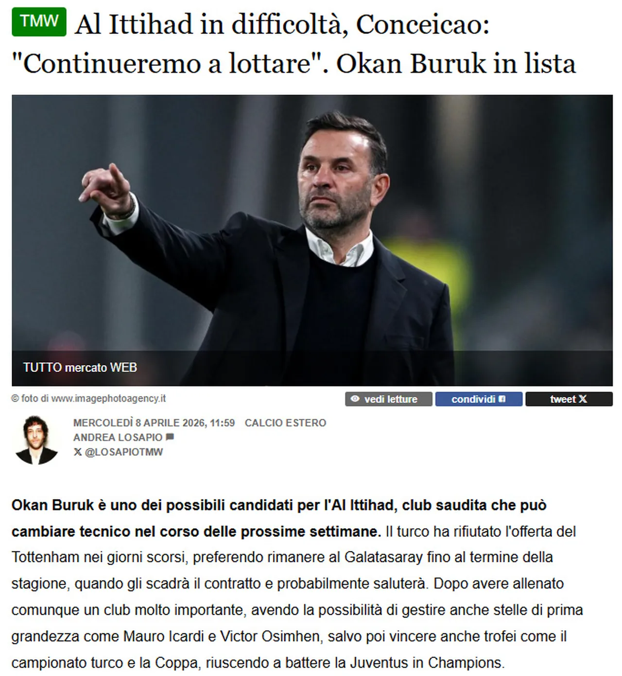 İtalyan basınında çıkan Okan Buruk haberi