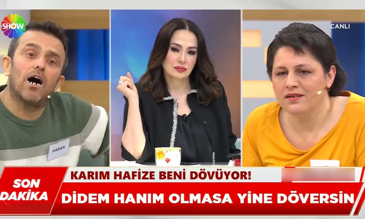Yayında kriz! “Karım Hafize beni dövüyor” dedi, sunucunun arkasına saklandı