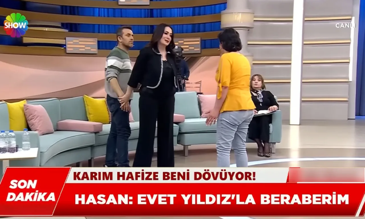 Yayında kriz! “Karım Hafize beni dövüyor” dedi, sunucunun arkasına saklandı