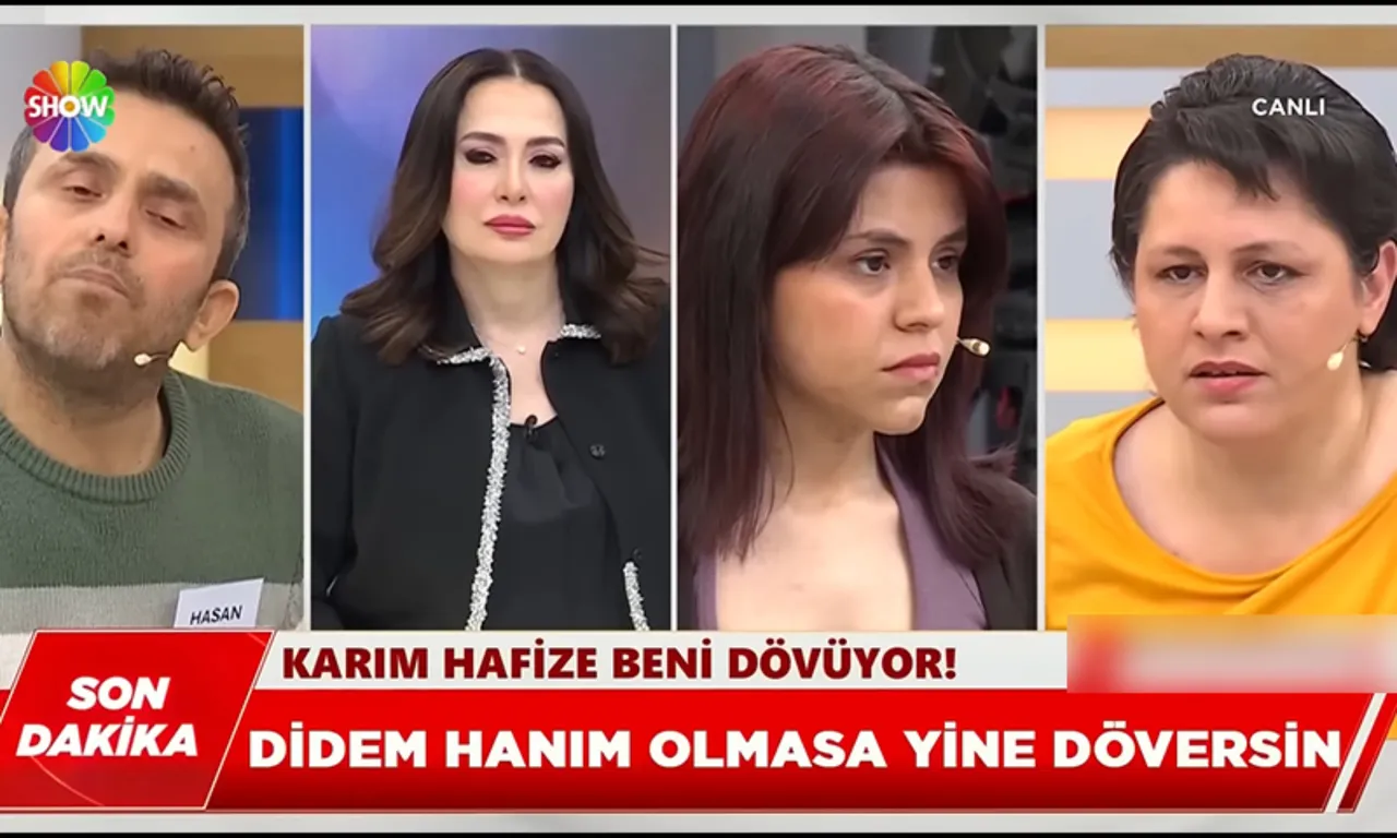 Yayında kriz! “Karım Hafize beni dövüyor” dedi, sunucunun arkasına saklandı