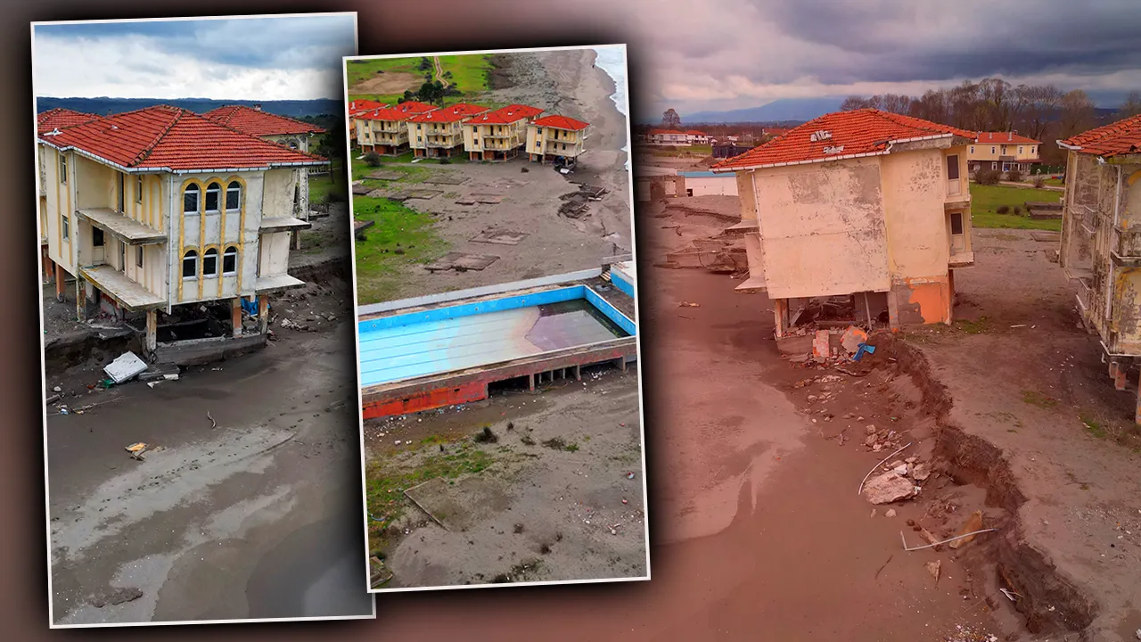 Tatil köyünde korkutan görüntü! Deniz içeri girdi, villalar ve havuz bir bir çöktü 