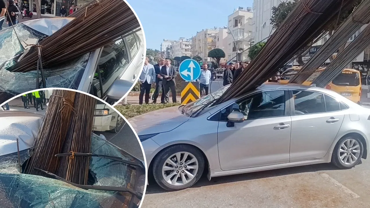 İnşaat demirleri otomobile ok gibi saplandı! Görenlerin nutku tutuldu