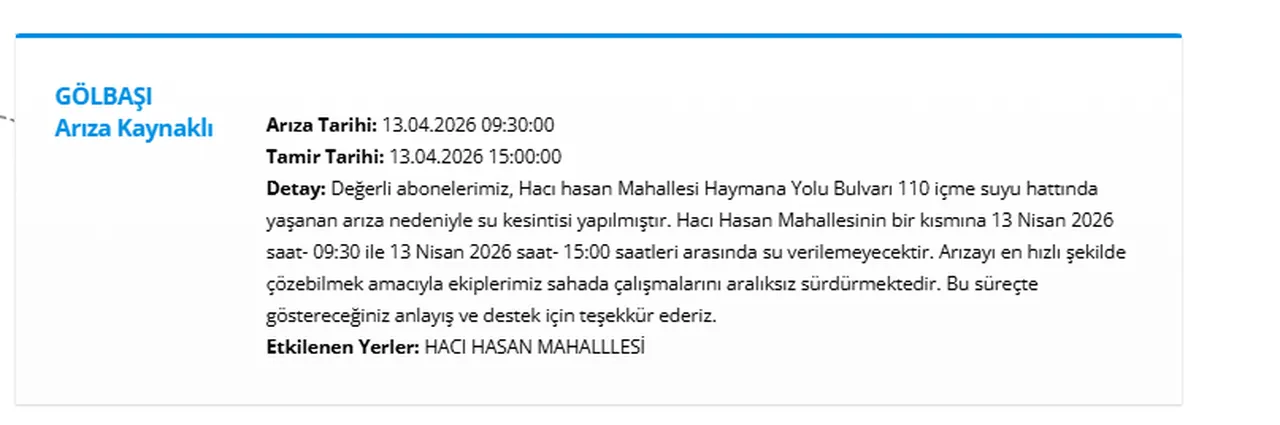 Sular ne zaman gelecek? ASKİ Ankara su kesintisi bitiş saatleri açıklandı (13 Nisan 2026)