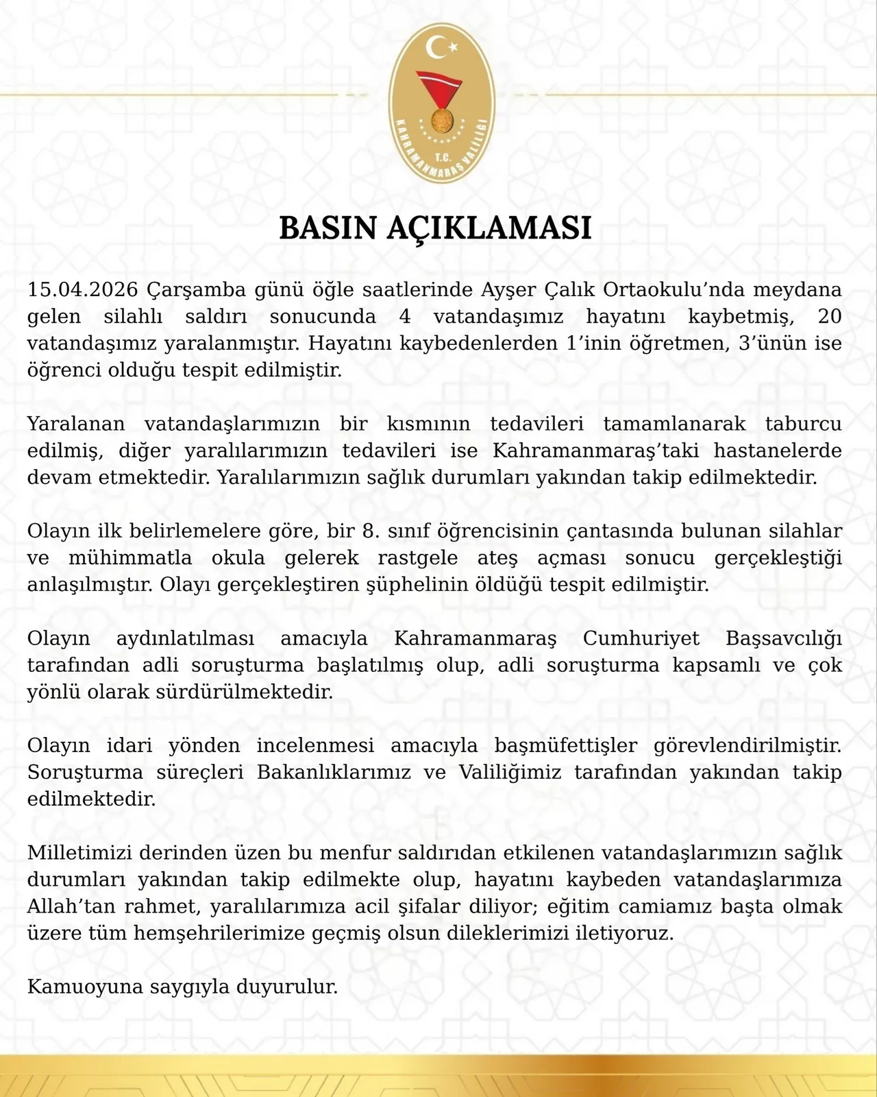 Basın açıklaması! Kahramanmaraş okul saldırısında 4 kişi hayatını kaybetti