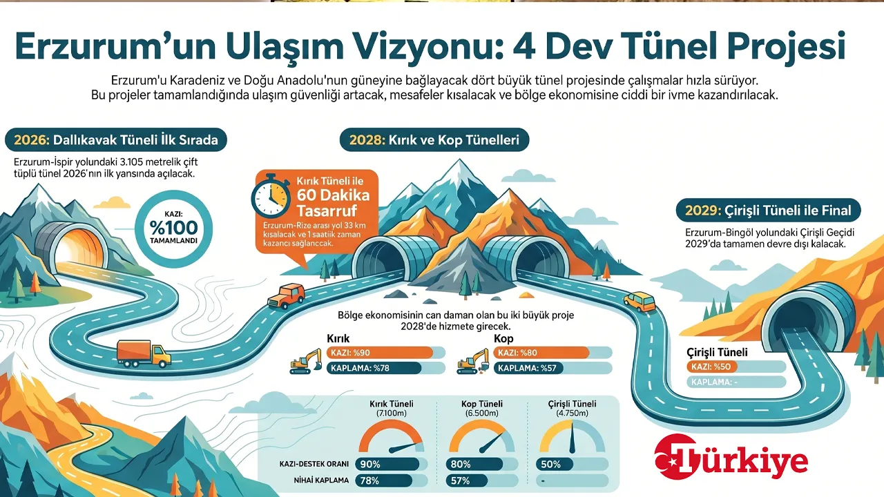 İki il arasında yol 60 dakika kısalacak! Açılış tarihi netleşti, Erzurum’da 4 tünel ne zaman açılacak?